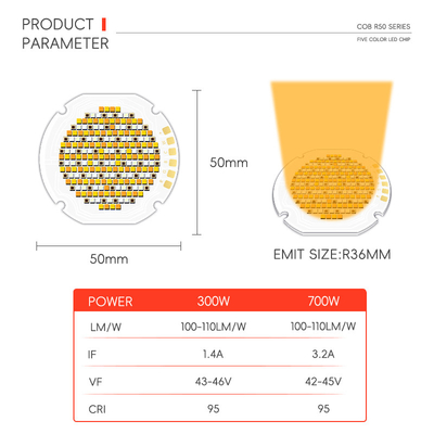 300w 700w Điện năng cao Đèn cao R50 COB Nguồn LED năm màu tùy chỉnh VF 42-46V LM / W 95