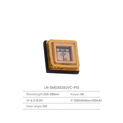 Hạt đèn LED UVC 1W 3535 Khử trùng tia cực tím sâu, làm rắn, khử trùng tủ, màu phát xạ, bước sóng 250-280nm