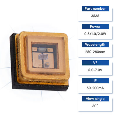 Hạt đèn LED UVC 1W 3535 Khử trùng tia cực tím sâu, làm rắn, khử trùng tủ, màu phát xạ, bước sóng 250-280nm